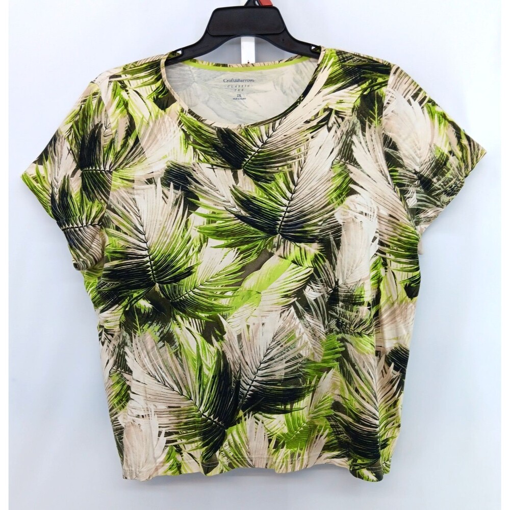 Croft & Barrow Shirt Womens Plus Size 2X Green Tropical Short Sleeve Round Neck